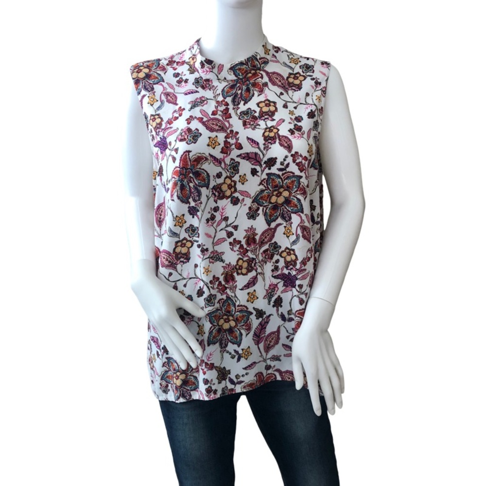 J-JILL XL White Mock Neck Floral Tunic Flowy Sleeveless Dainty Forest Coquette
